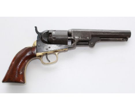 Colt 1849 .31 calibre percussion pocket revolver, New York address to the barrel, traces of scene to the cylinder with patent