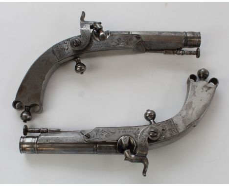 Pair of 28 bore Scottish all steel percussion belt pistols by Meyer & Mortimer, Edinburgh, 5" cannon barrels with engraved de