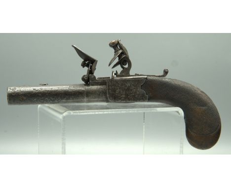 Approx. 60 bore flintlock pocket pistol with side mounted sprung bayonet, 2.5" turn-off barrel with star cut muzzle, proof ma