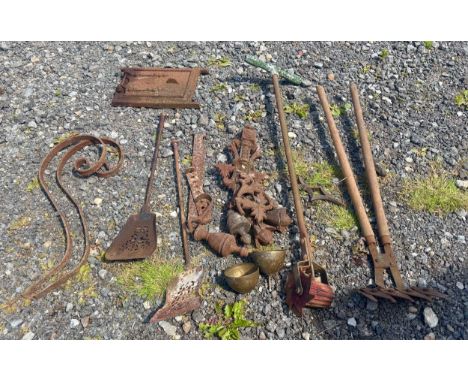 Constable Burton Hall - Early 20th century gardening tools including edging tool, garden sheers, five finials and two ash sho