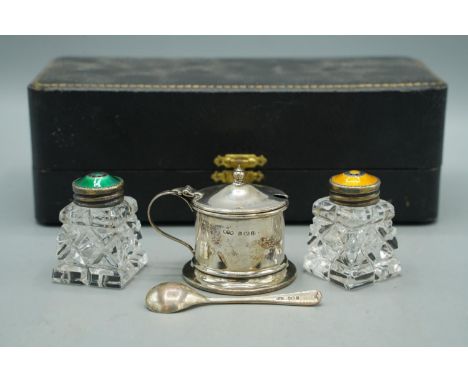 20th century silver cruet set to include, mustard by W T Wiseman, Birmingham 1938, and silver mounted glass salt and pepper s