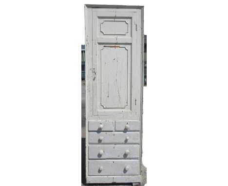 Constable Burton Hall - 19th Century painted pine alcove cupboard, panel door above four drawers with turned wooden handles, 