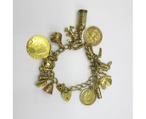 9ct yellow gold charm bracelet set with full 1912 sovereign, half 1906 sovereign, Geo.III 1794 Guinea, ten 9ct gold charms, o