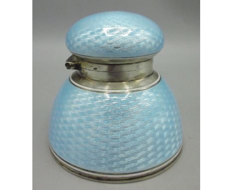 Early 20th century silver and baby blue guilloche enamel inkwell, domed form with basketweave-like engine turned pattern and 