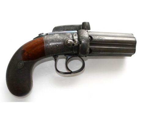 Fine example of an Irish 54 bore percussion quick release pepperbox revolver by Rigby, 3.5" barrel cylinder with engraved det