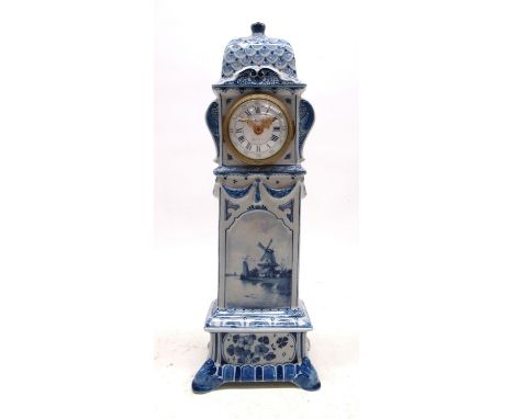 Bailey, Banks & Biddle Co., Philadelphia, 20th Delft miniature longcase clock timepiece, underglaze blue, dome-top case with 