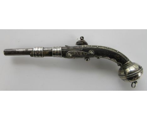 Early 19th century Balkan/ Caucasian Miquelet 80 bore pocket pistol, 5" steel barrel octagonal at the breech, the leather cov