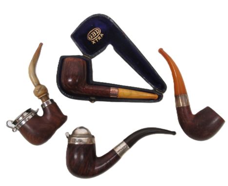 Ganneval, Bondier & Donninger Xtra pipe, 9ct gold mount, amber mouth piece, London 1921, L12cm; Patent briar pipe, silver mou