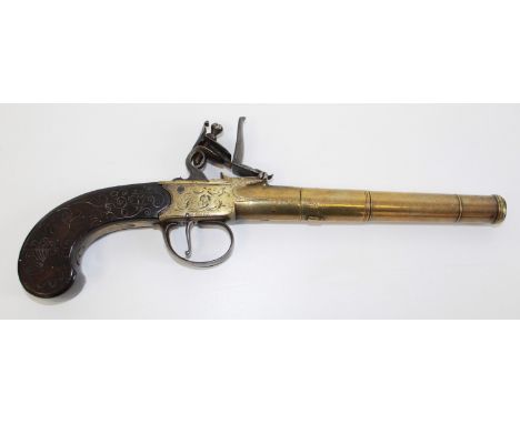 22 bore flintlock all brass cannon barrel pistol by Chance & Homer, 5.5" turn off staged barrel, stamped proof marks, named t