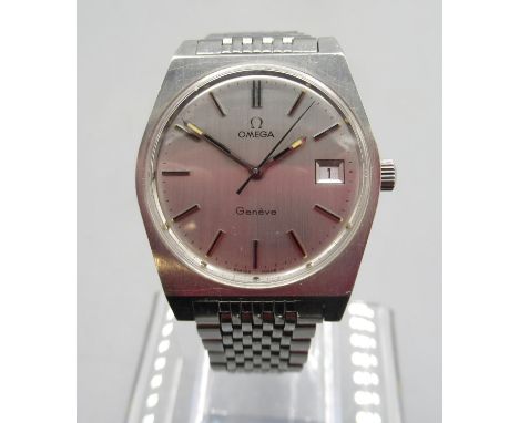 Omega Geneve stainless steel Gents wristwatch with date on matching bracelet with signed deployment clasp, signed brushed sil