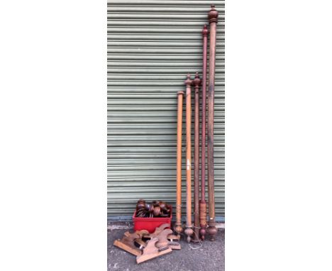 Scampston Hall - four Victorian and later wooden curtain poles, five walnut brackets, pair of walnut finials and approx ninet