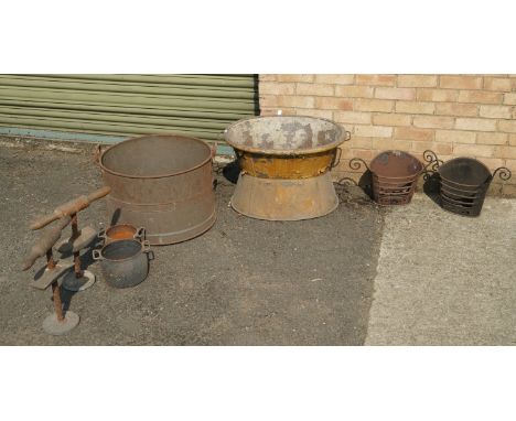 Scampston Hall - 20th century Child's painted tin oval bath, two Holcroft saucepans, two ash pans, two vintage clamps and a c