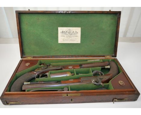 Fine cased pair of 25 bore percussion (converted from flintlock) duelling pistols by Mortimer of St.James Street London, 10" 