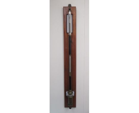Nagretti & Zambra, London, black lacquered and brass stick barometer, no. M/542 mounted on mahogany back board, H115cmPOA  ht