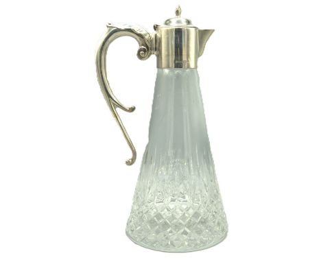 ER.II Claret jug, tapered hobnail Crystal glass body with C scroll silver handle and spout by Carr's of Sheffield Ltd 2008, H