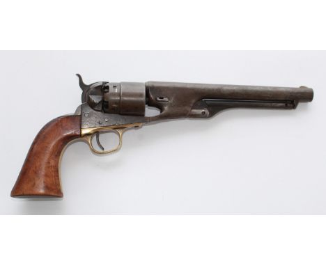Colt 1860 Army .44 calibre percussion revolver, matching serial numbers `47884', burr wood grips, frame stamped `Colts Patent