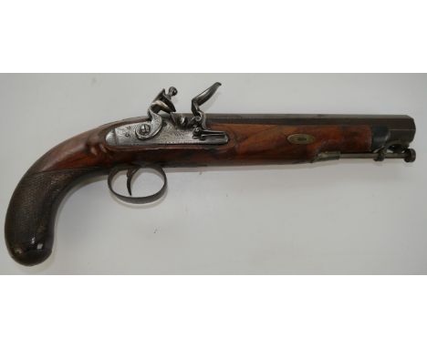 16 bore British military style holster pistol, 8" heavy octagonal barrel, stirrup ramrod, engraved lock named 'H.Nock' steel 