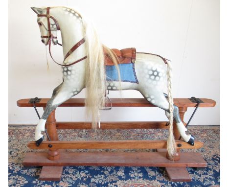 Early 20th century Extra Large F.H Ayres solid wooden Rocking Horse with glass eyes and open mouth, real horse hair mane and 