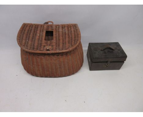 Scampston Hall - Savory & Moore leather covered jewellery box, fitted interior and brass lock, and a vintage wicker slope top