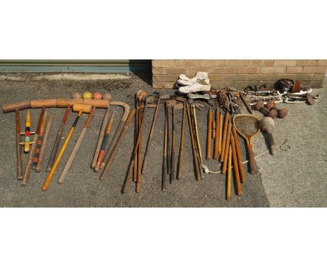 Scampston Hall - collection of Vintage sporting equipment incl; four Jaques and one F.H Ayres Croquet mallets, ten hickory sh