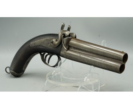 12 bore Belgium percussion over and under Howdah type pistol, 5.5" Damascus barrels, proof marked and engraved, 'P.Hermann Aa