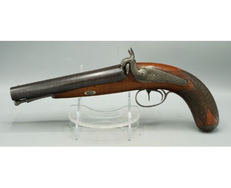 13 bore percussion side by side Howdah type pistol by Westley Richards, London, 7" barrels with traces of Damascus, named to 