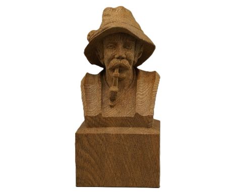 Stan Woodpeckerman Dodds - head and shoulder carved oak bust of an elderly gentleman wearing a hat and smoking a pipe, on rec