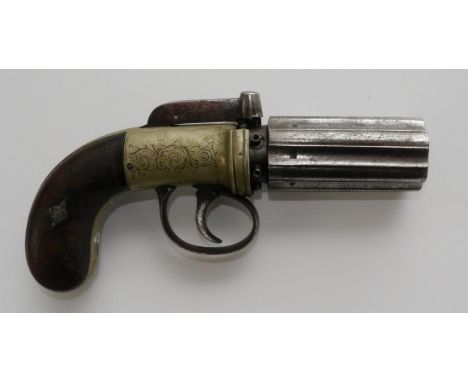 120 bore English percussion six-shot pepperbox revolver, 3.25" proof marked barrels, scroll engraved nickel frame and action,