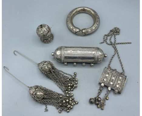Large Yemeni silver amulet L15cm, Omani silver necklace with amulet case, two silver hair ornaments, large bangle and Kohl po