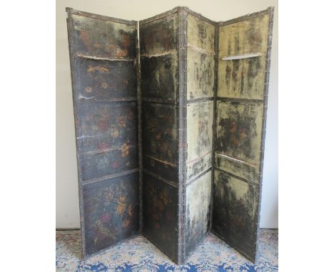 Constable Burton Hall - Victorian leather screen, the four panels painted with still life studies of flowers, W58cm D3cm H195