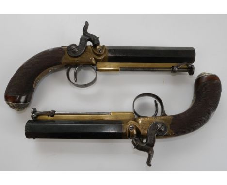 Pair of 28 bore percussion brass action belt pistols, 4" octagonal barrels named 'Hollis, Cheltenham', proof marked, swivel s