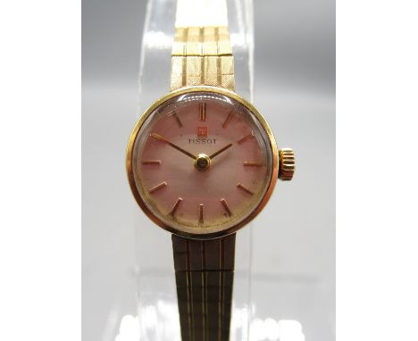 Tissot ladies 9ct gold wristwatch integrated block link bracelet with deployment clasp stamped .375, signed silvered dial wit