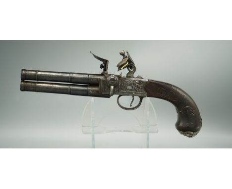 50 bore over and under tap-action flintlock pistol by Richards, 4" turn-off staged cannon barrels with star cut muzzles, stam