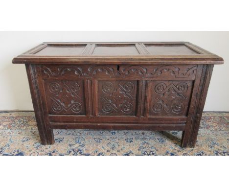 18th century oak three panel coffer, hinged lid above strapwork carved frieze and front, W112cm D53cm H62cmPOA  https://www.b
