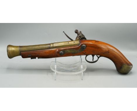 Flintlock heavy brass cannon barrel blunderbuss pistol, 9" staged barrel with proof marks and engraved 'London' the warranted