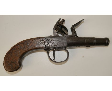 Queen Anne 80 bore flintlock pocket pistol by King, London, 2.5" turn-off staged cannon barrel, named and engraved action, pr