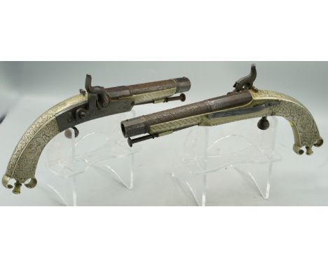 Pair of early to mid 19th century Scottish 30 bore percussion belt pistols by Murdoch, 5.75" barrels with centre scroll engra