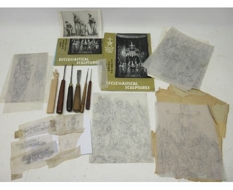 Four 'The House of the Mouse' carving tracings, fourteen Stations of the Cross carving tracings, four religious figure carvin