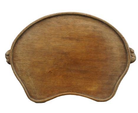 Robert Mouseman Thompson of Kilburn - adzed oak kidney shaped tray, raised edge with two signature mouse carved handles, W47c