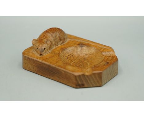 Robert Mouseman Thompson of Kilburn - an oak rectangular ash tray, carved with signature mouse, W10cm D7.5cmShipping £28.00 p