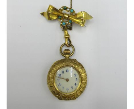 Swiss 18ct yellow gold keyless pin set fob watch with white enamel Arabic dial, bright cut and enamel case, cuvette no. 50769