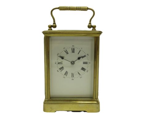 20th Century French brass 8 day carriage clock, plain gorge four glass case, 3" white enamel Roman dial, two train movement w