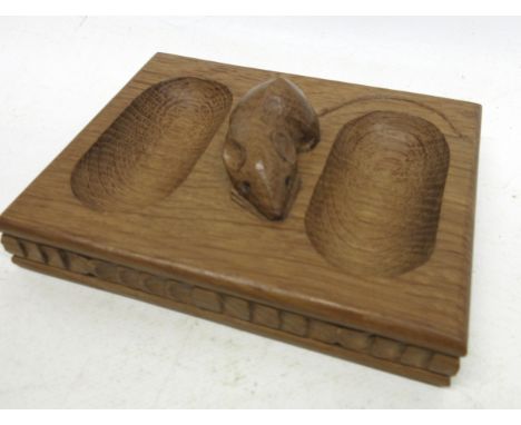 Robert Mouseman Thompson of Kilburn - an oak rectangular double pin tray, with carved detail and signature mouse, W12cm D9.5c