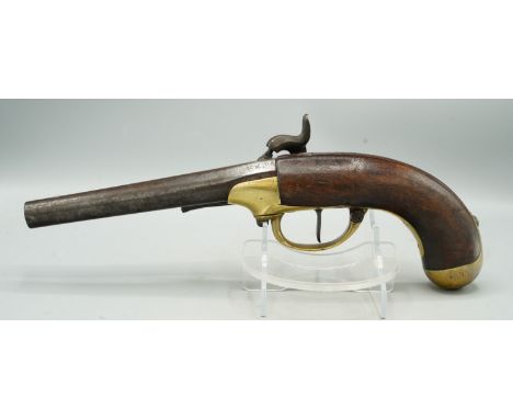 French 14 bore 1777 pattern service pistol, converted to percussion, 7.5" barrel with stamped markings, plain brass action an