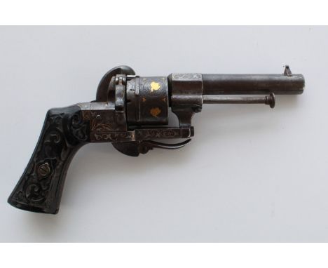 Belgian 6 shot pinfire revolver, number 55157, round 3.5" barrel with octagonal breech, the breech stamped “E. LEFAUCHEUX IIN