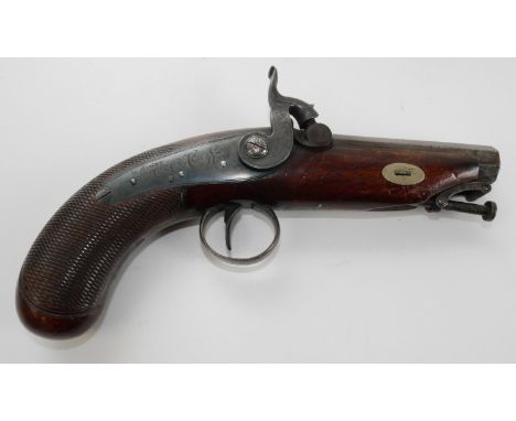 Irish 50 bore percussion pocket pistol by W.Rigby, Dublin, 3.5" octagonal barrel engraved `Dublin' and stamped `EC-392' engra
