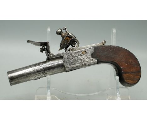 32 bore flintlock pocket pistol by 'H.W.Mortimer, London, Gun maker to his Majesty', 1.75" turn-off barrel, proof marks, fold