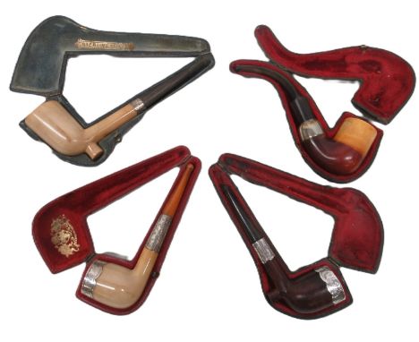 Vienna meerschaum pipe, amber mouth piece, bright cut white metal mounts, L14cm; Vienna briar pipe, horn mouth piece, silver 