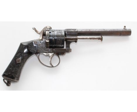 Belgian 6 shot 11mm Lefaucheux single action pinfire revolver, round 6.25" barrel with makers details and address, octagonal 