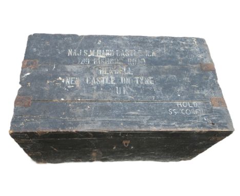Constable Burton Hall - 20th century metal bound black painted pine travel trunk, top painted 'MAJ. S. Hardcastle, R.A, 49 BI